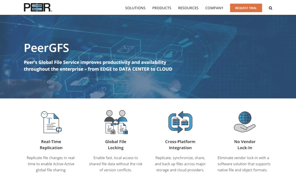 PeerGFS homepage: Peer's Global File Service improves productivity and availability throughout the enterprise - from EDGE to DATA CENTER to CLOUD