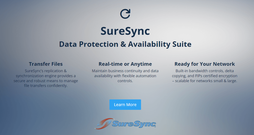 SureSync homepage: Data Protection & Availability Suite