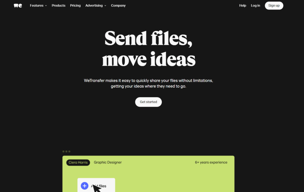 WeTransfer homepage: Send files, move ideas. 