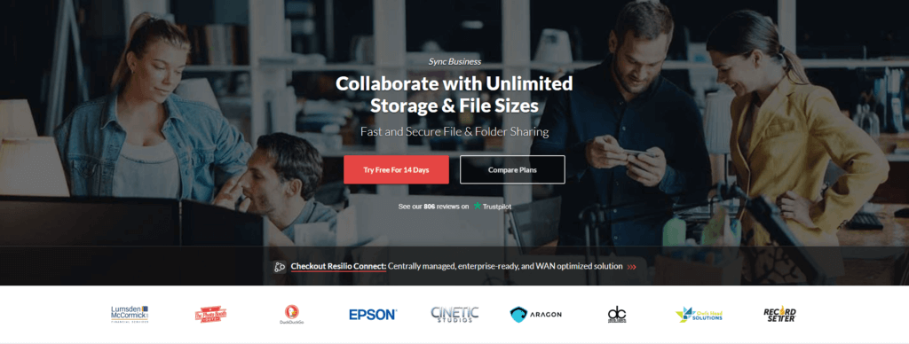 Resilio sync homepage: Collaborate with unlimited storage and file sizes. 