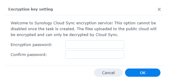 Synology Cloud Sync: Encryption key setting