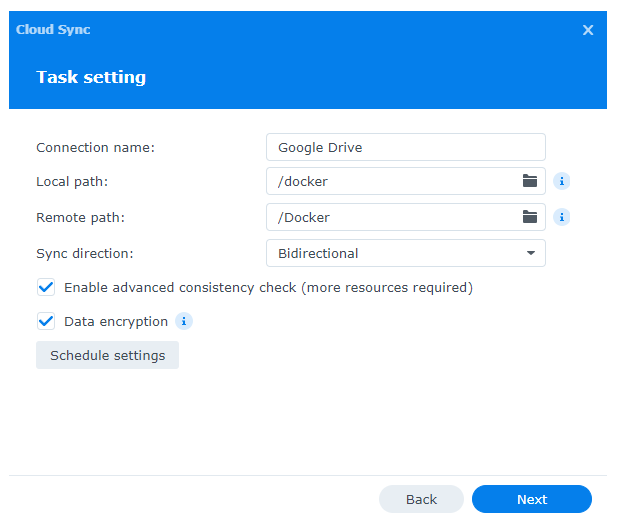 Synology Cloud Sync: Task Settings (Connection Name, Local Path, Remote Path, Sync Direction, Enable advanced consistency check, Data encryption)
