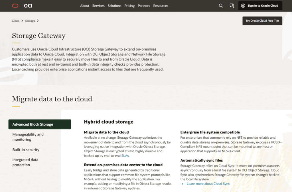 Oracle Cloud Infrastructure (OCI) Storage Gateway homepage