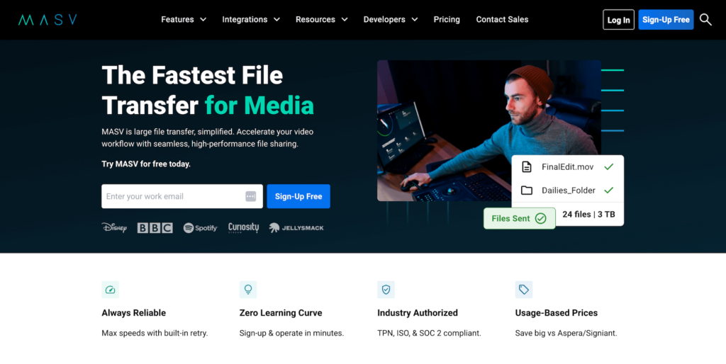 MASV homepage: The Fastest File Transfer for Media