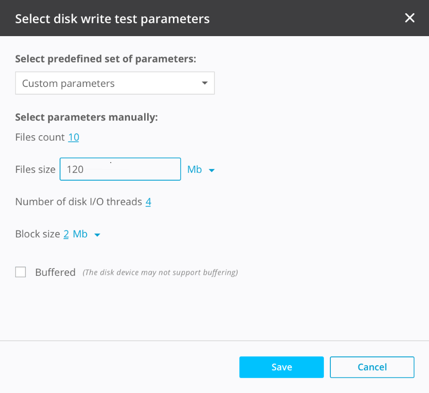 Select disk write test parameters: Select predefined set of parameters