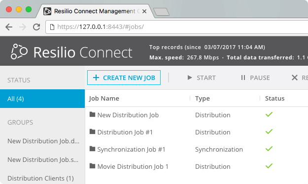 Resilio Connect: Jobs - Create New Job (Job Name, Type, Status)