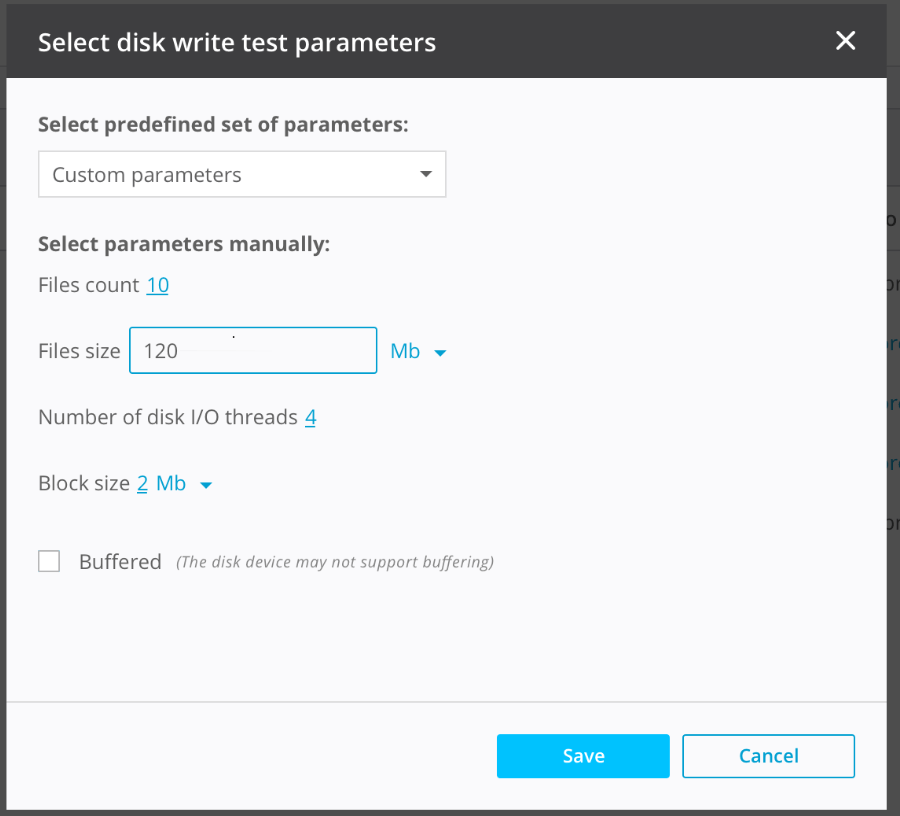 Select disk write test parameters. 